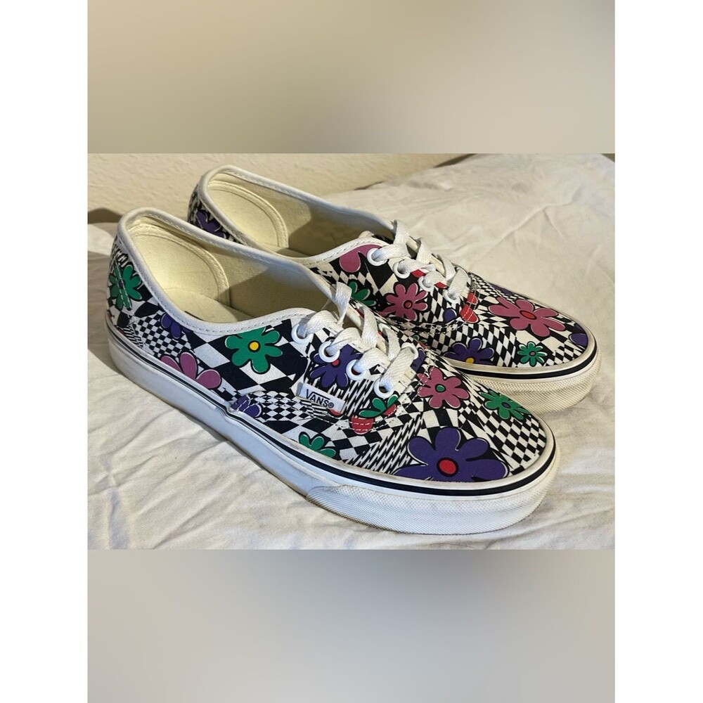 Vans Authentic Checkerboard Flower Floral Printed Marshmallow Sneakers Shoes